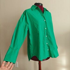 ZARA Womens Button Down Shirt Oversize Cotton Bright Green Long Sleeve Top Small